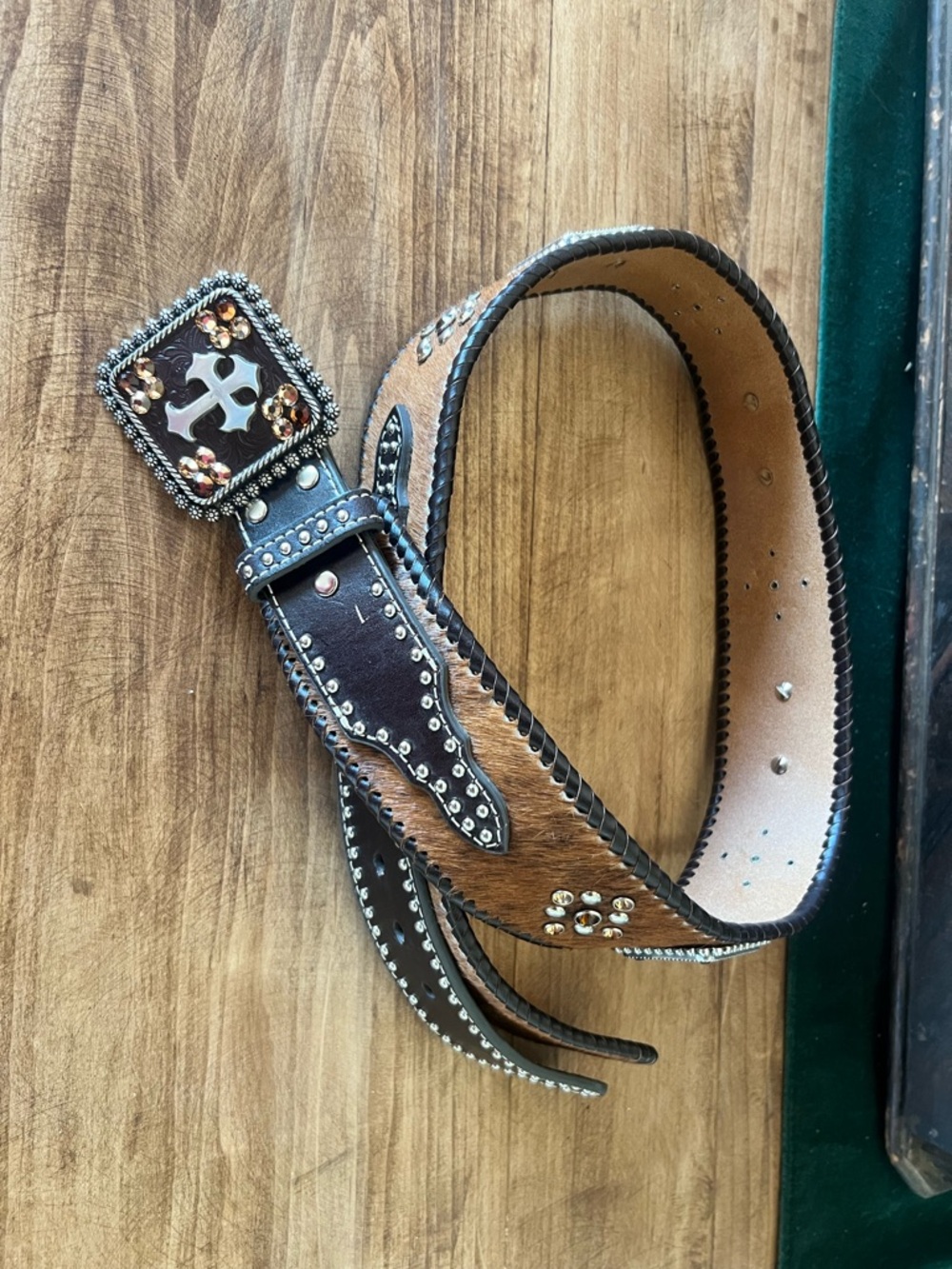 Vintage Nocona Brown and Chocolate Studded Western Belt with Decorative Buckle.